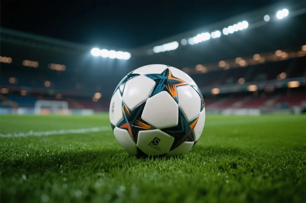A close-up shot of a modern professional soccer ball on a vibrant green grass pitch in a grand stadium under dramatic evening floodlights