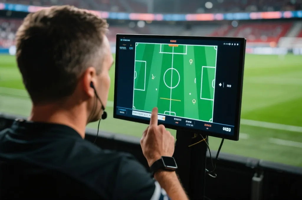 A professional soccer referee reviewing a video replay on a sideline screen during a match